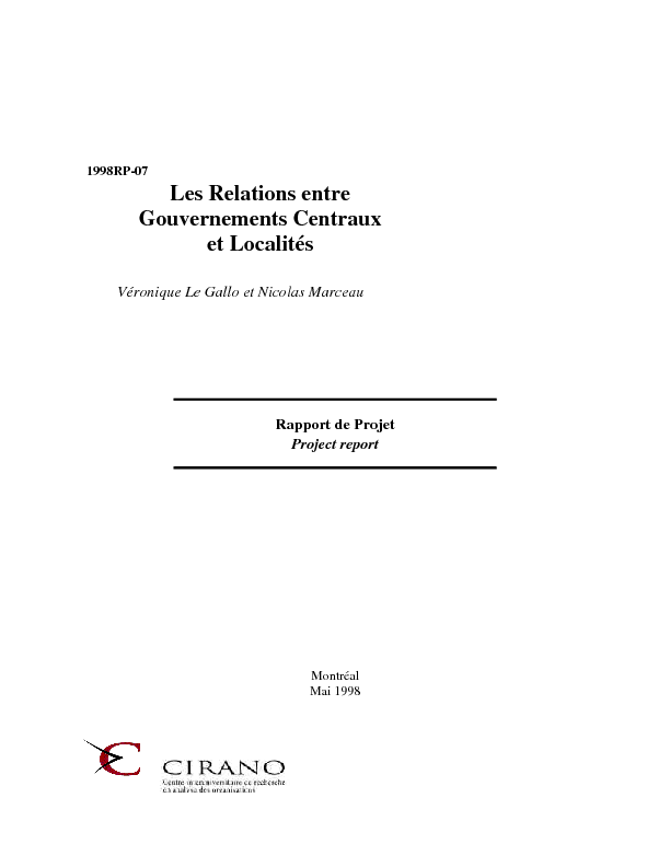 Les Relations entre Gouvernements Centraux et Localités