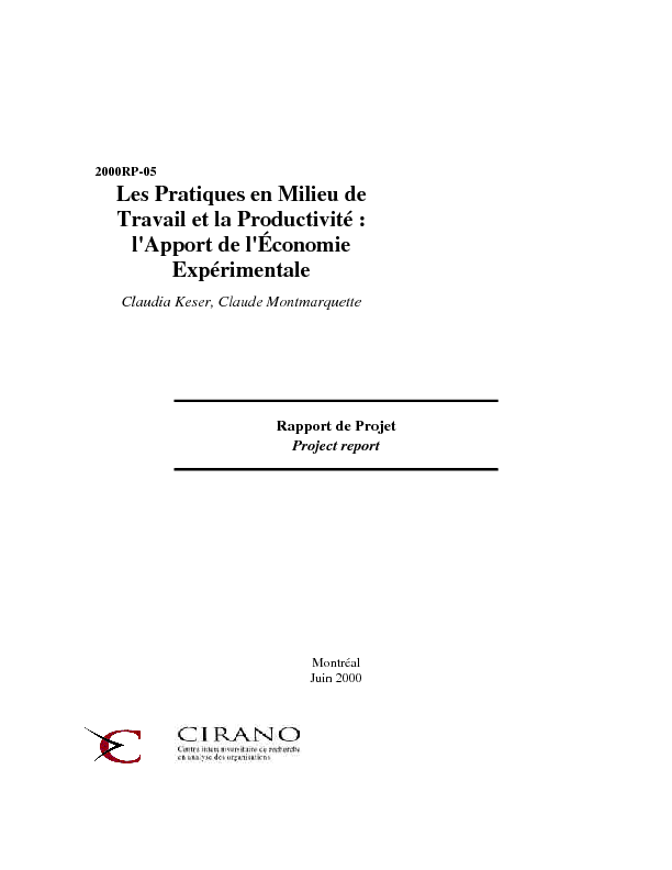 Les Pratiques en Milieu de Travail et la Productivité : l
