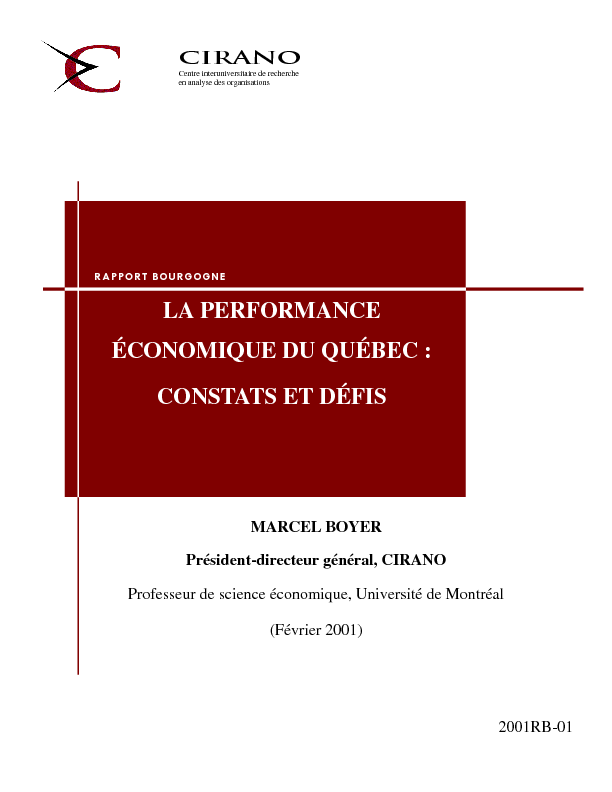 La performance économique du Québec : constats et défis