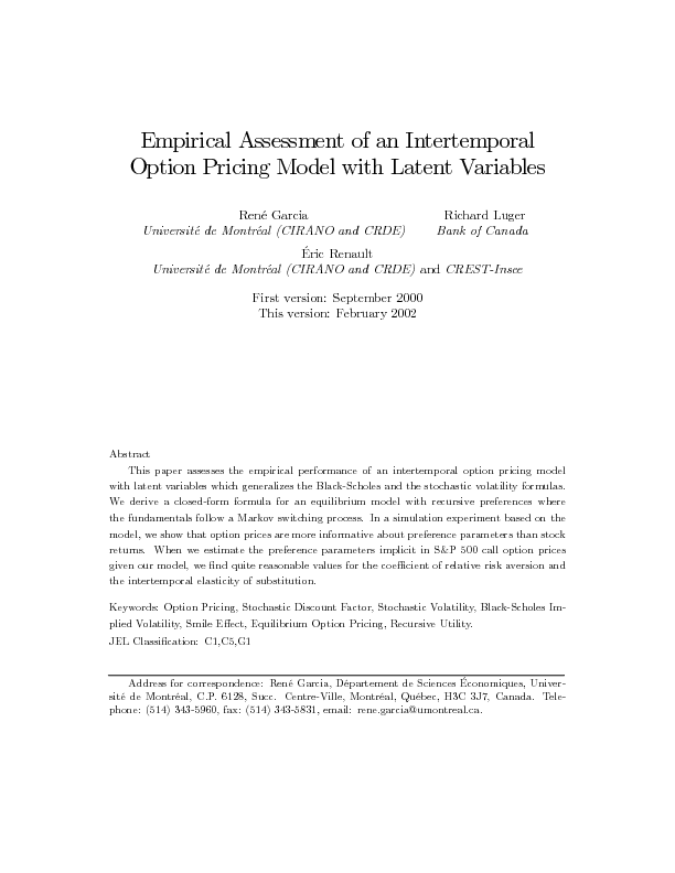 Empirical Assessment of an Intertemporal Option Pricing Model with Latent Variables (Note : Nouvelle version Février 2002)