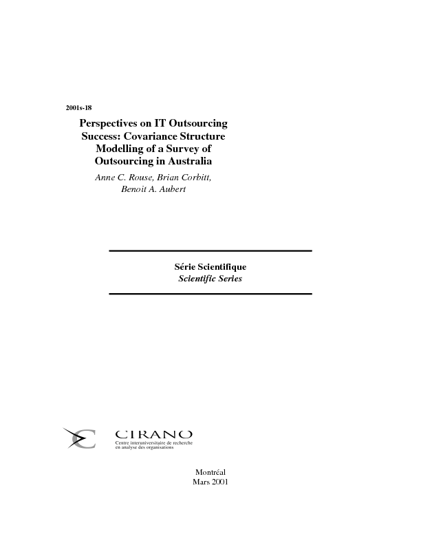 Perspectives on IT Outsourcing Success: Covariance Structure Modelling of a Survey of Outsourcing in Australia