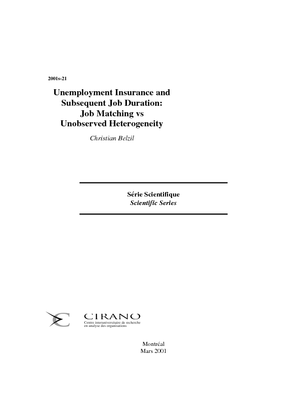Unemployment Insurance and Subsequent Job Duration: Job Matching vs Unobserved Heterogeneity