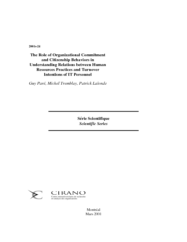 The Role of Organizational Commitment and Citizenship Behaviors in Understanding Relations between Human Resources Practices and Turnover Intentions of IT Personnel