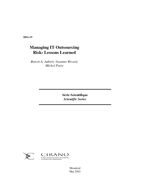Managing IT Outsourcing Risk: Lessons Learned