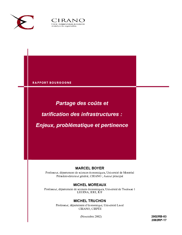 Partage des coûts et tarification des infrastructures : Enjeux, problématique et pertinence
