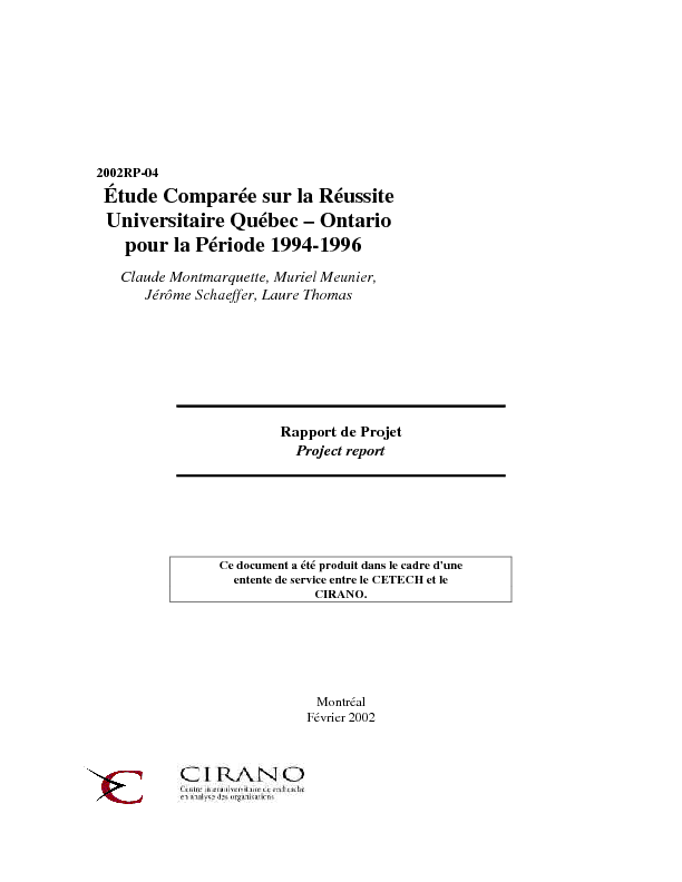 Étude Comparée sur la Réussite Universitaire Québec-Ontario pour la Période 1994-1996
