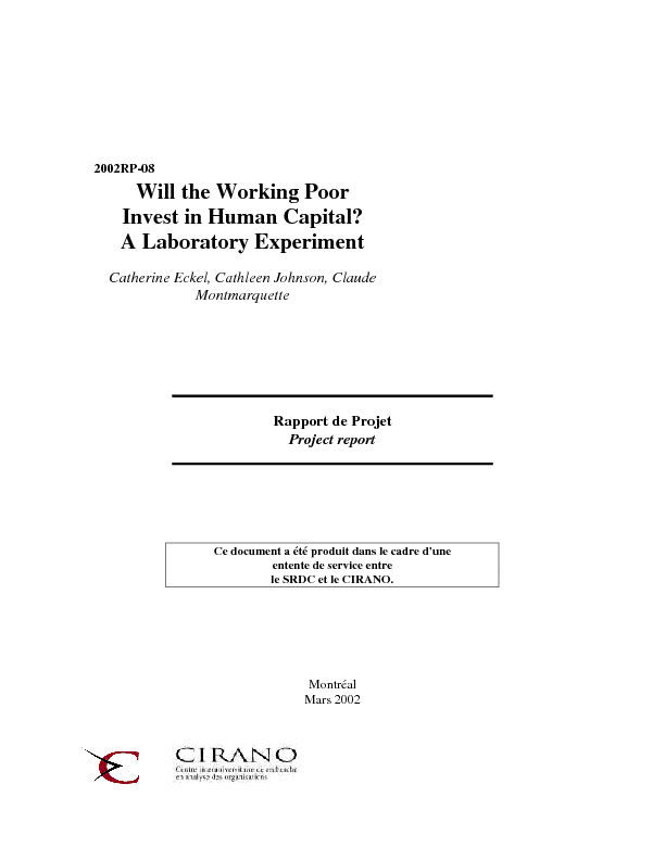 Will the Working Poor Invest in Human Capital? A Laboratory Experiment