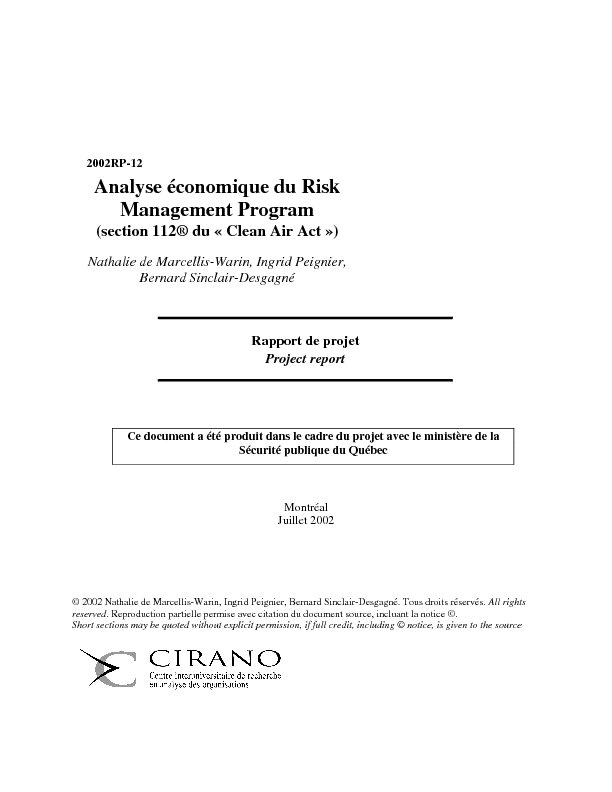 Analyse économique du Risk Management Program (section 112® du « Clean Air Act »)
