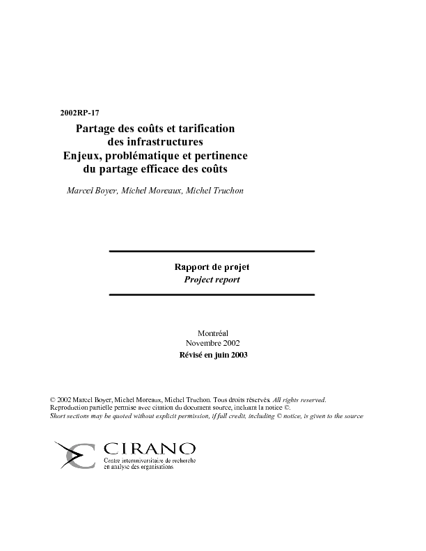 Partage des coûts et tarification des infrastructures - Enjeux, problématique et pertinence du partage efficace des coûts