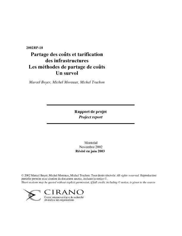 Partage des coûts et tarification des infrastructures - Les méthodes de partage de coûts - Un survol