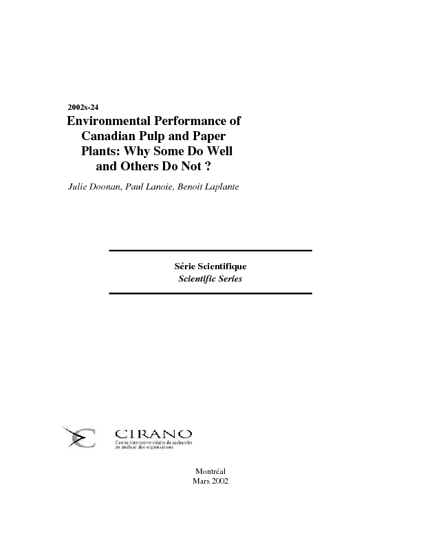 Environmental Performance of Canadian Pulp and Paper Plants: Why Some Do Well and Others Do Not ?