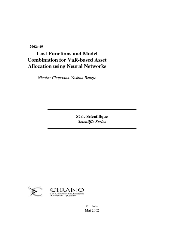 Cost Functions and Model Combination for VaR-based Asset Allocation using Neural Networks