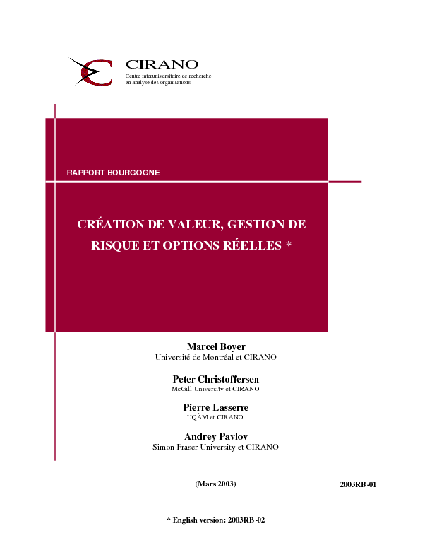 Création de valeur, gestion de risque et options réelles