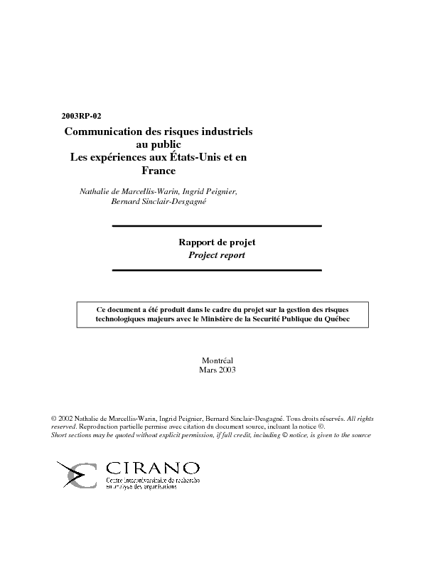Communication des risques industriels au public - Les expériences aux États-Unis et en France