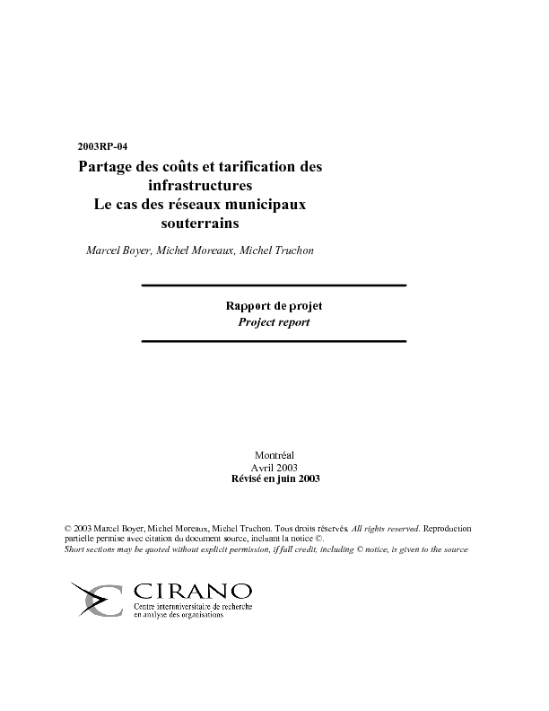 Partage des coûts et tarification des infrastructures - Le cas des réseaux municipaux souterrains