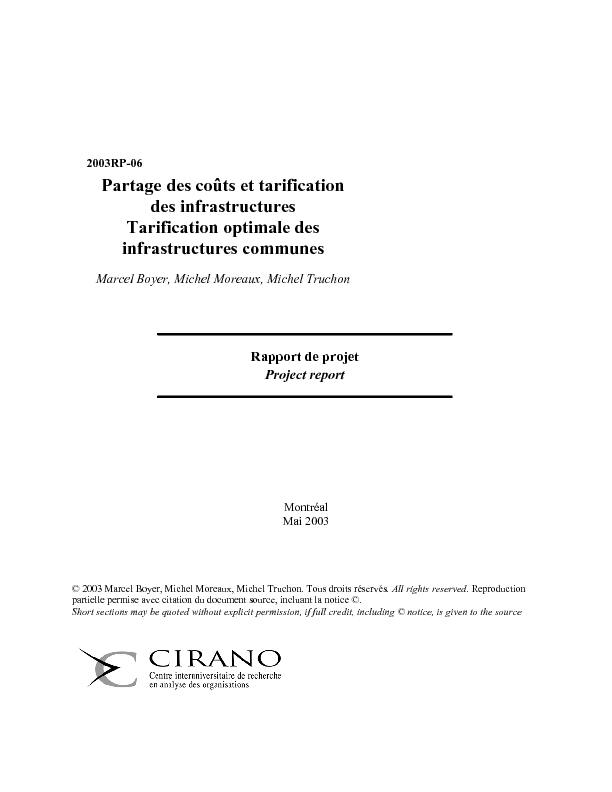 Partage des coûts et tarification des infrastructures - Tarification optimale des infrastructures communes