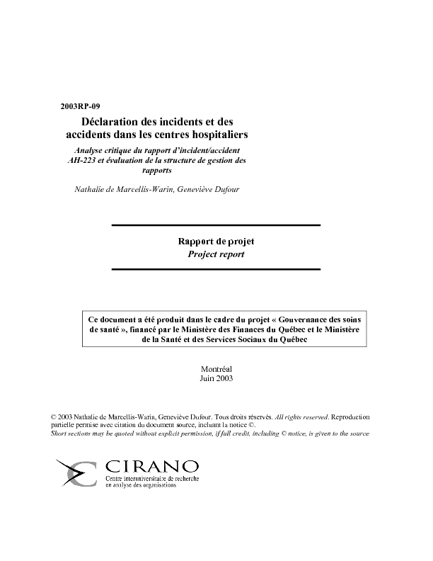 Déclaration des incidents et des accidents dans les centres hospitaliers - Analyse critique du rapport d