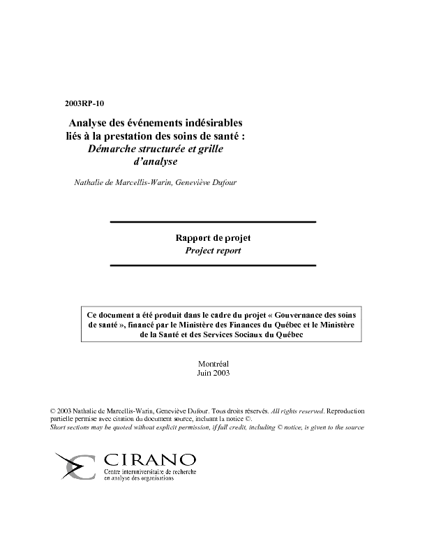 Analyse des événements indésirables liés à la prestation des soins de santé : Démarche structurée et grille d