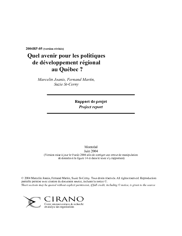 Quel avenir pour les politiques de développement régional au Québec ? (Version mise à jour le 9 août 2004)