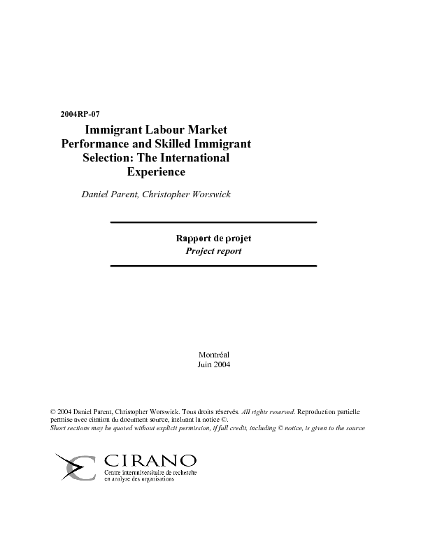 Immigrant Labour Market Performance and Skilled Immigrant Selection: The International Experience