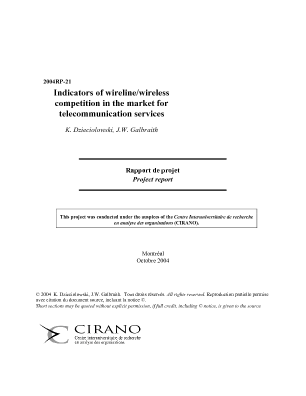 Indicators of wireline/wireless competition in the market for telecommunication services