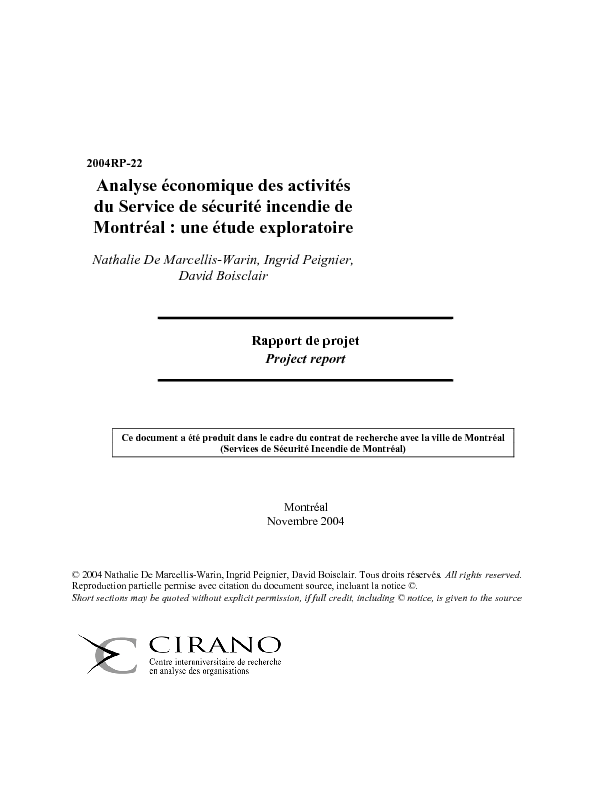 Analyse économique des activités du Service de sécurité incendie de Montréal : une étude exploratoire