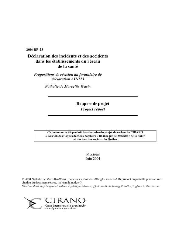 Déclaration des incidents et des accidents dans les établissements du réseau de la santéPropositions de révision du formulaire de déclaration AH-223