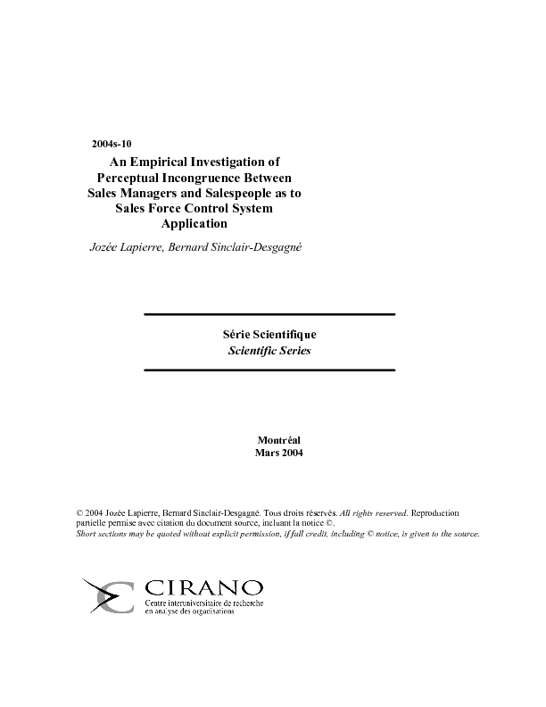 An Empirical Investigation of Perceptual Incongruence Between Sales Managers and Salespeople as to Sales Force Control System Application