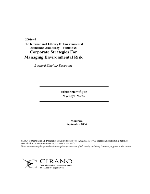 Corporate Strategies For Managing Environmental Risk (The International Library Of Environmental Economics And Policy – Volume xx)