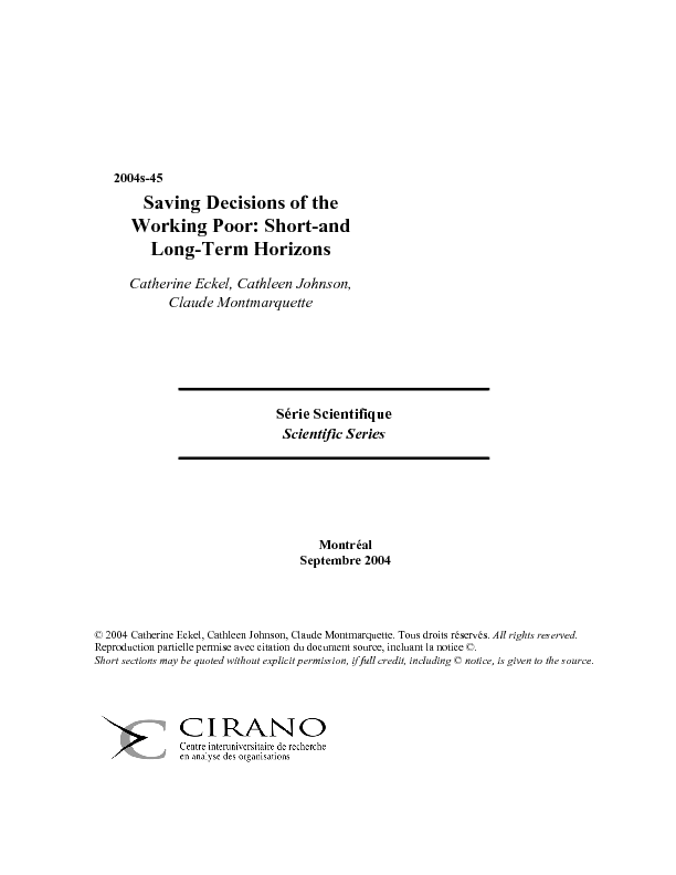 Saving Decisions of the Working Poor: Short-and Long-Term Horizons