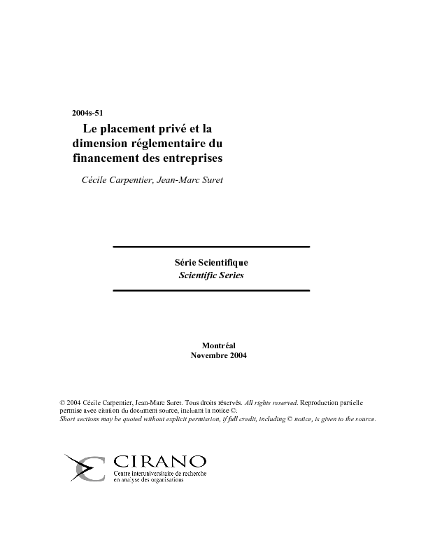 Le placement privé et la dimension réglementaire du financement des entreprises