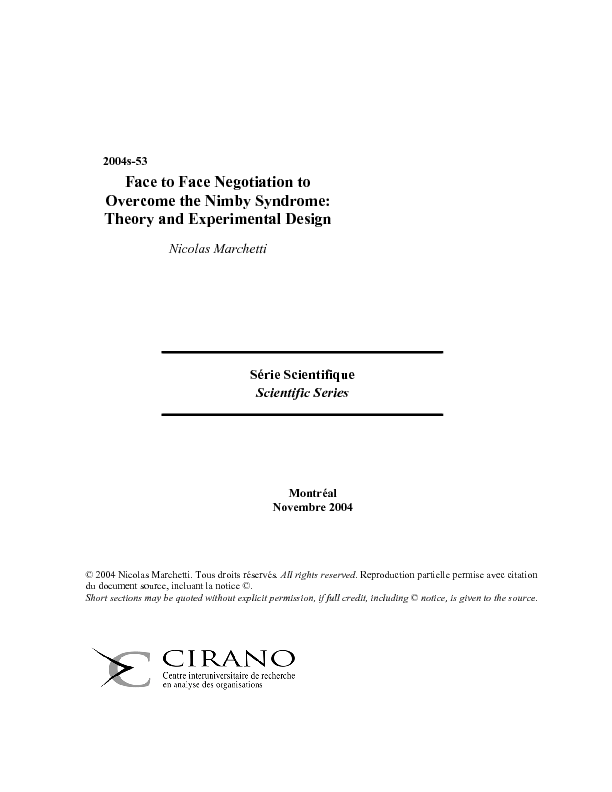 Face to Face Negotiation to Overcome the Nimby Syndrome: Theory and Experimental Design