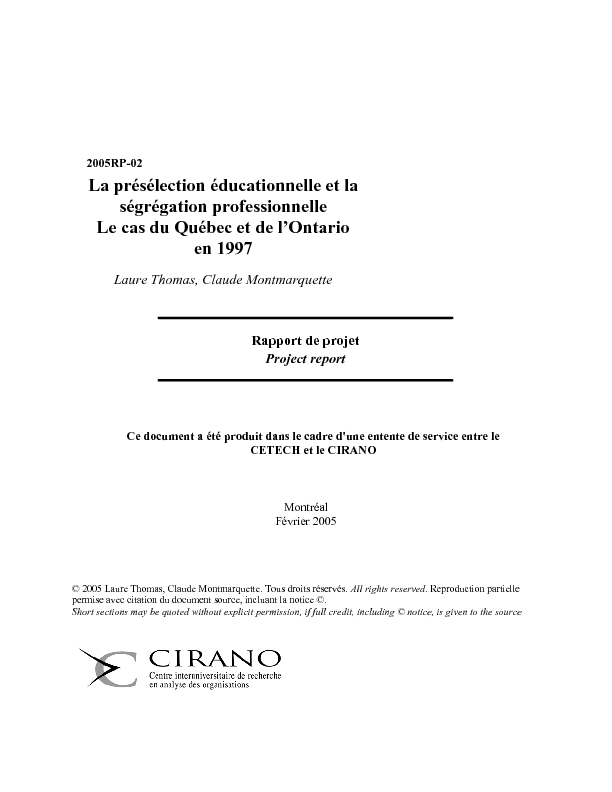 La présélection éducationnelle et la ségrégation professionnelleLe cas du Québec et de l