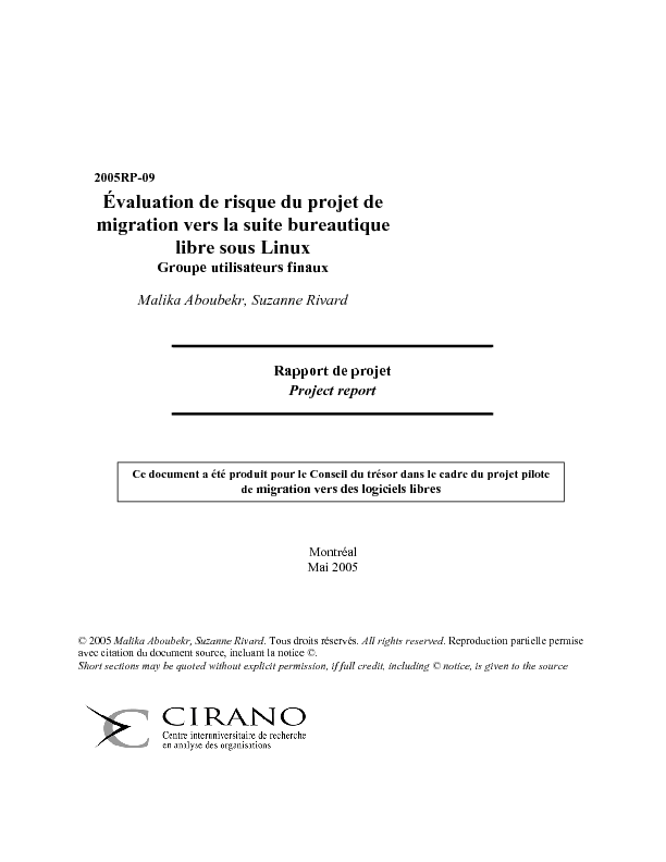 Évaluation de risque du projet de migration vers la suite bureautique libre sous Linux Groupe utilisateurs finaux
