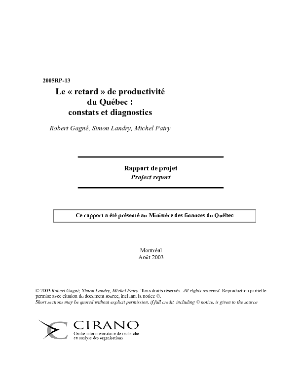 Le « retard » de productivité du Québec : constats et diagnostics