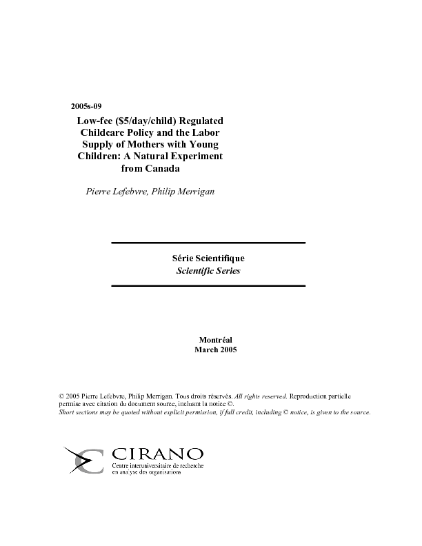 Low-fee ($5/day/child) Regulated Childcare Policy and the Labor Supply of Mothers with Young Children: A Natural Experiment from Canada