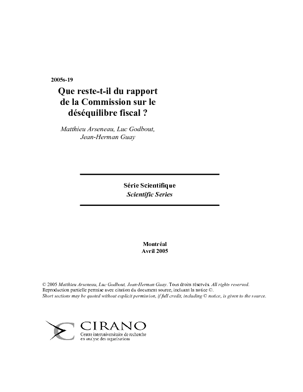 Que reste-t-il du rapport de la Commission sur le déséquilibre fiscal?