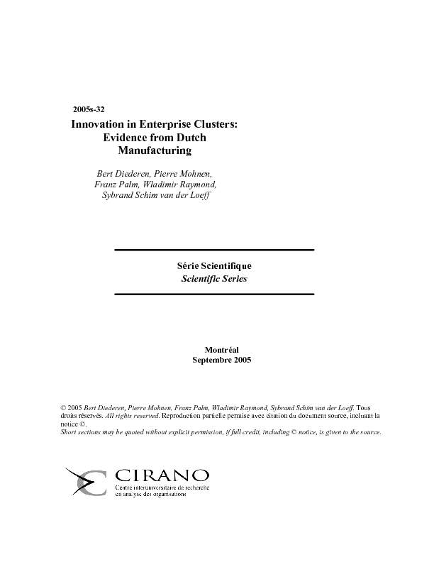 Innovation in Enterprise Clusters:Evidence from Dutch Manufacturing