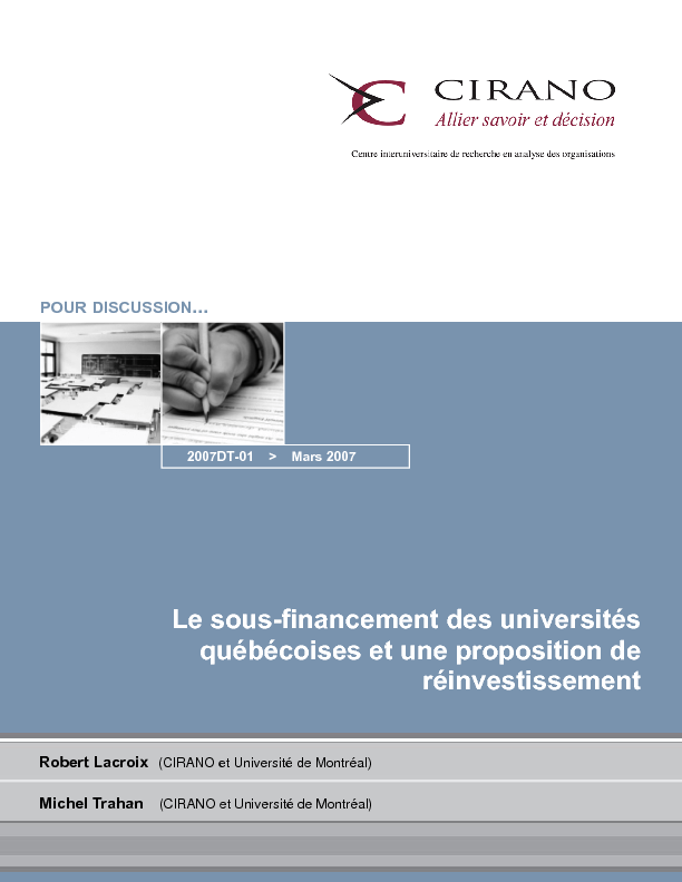 Le sous-financement des universités québécoises et une proposition de réinvestissement