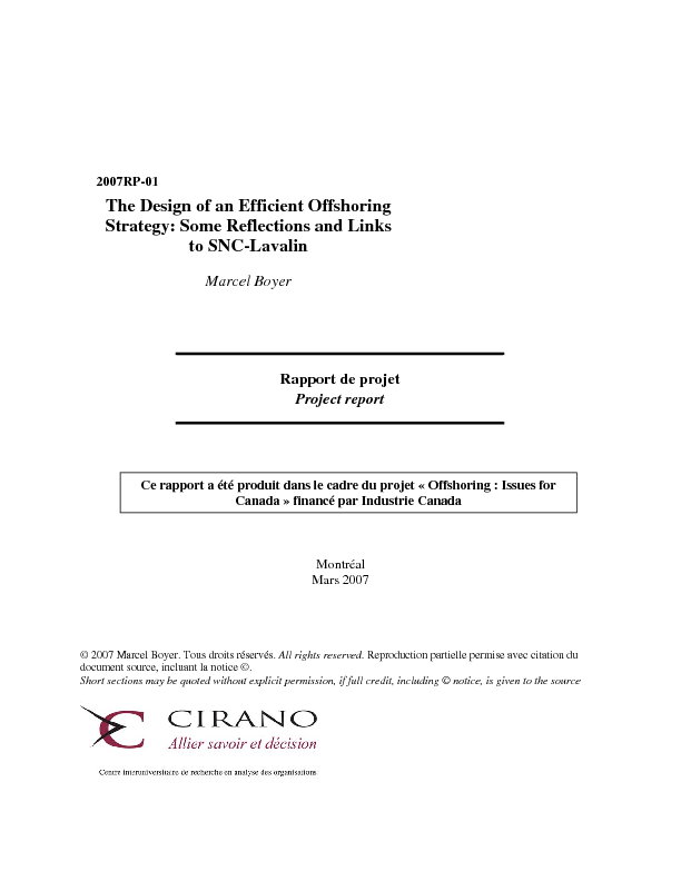 The Design of an Efficient Offshoring Strategy: Some Reflections and Links to SNC-Lavalin