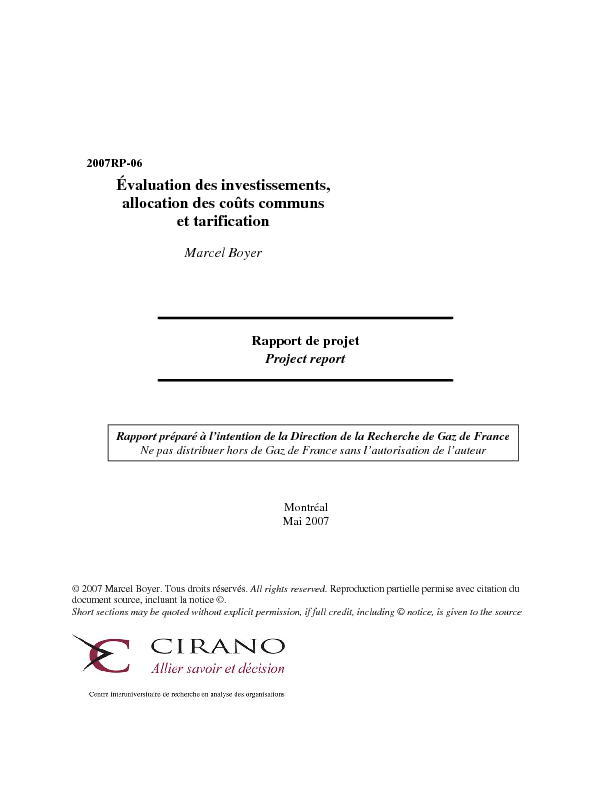 Évaluation des investissements, allocation des coûts communs et tarification
