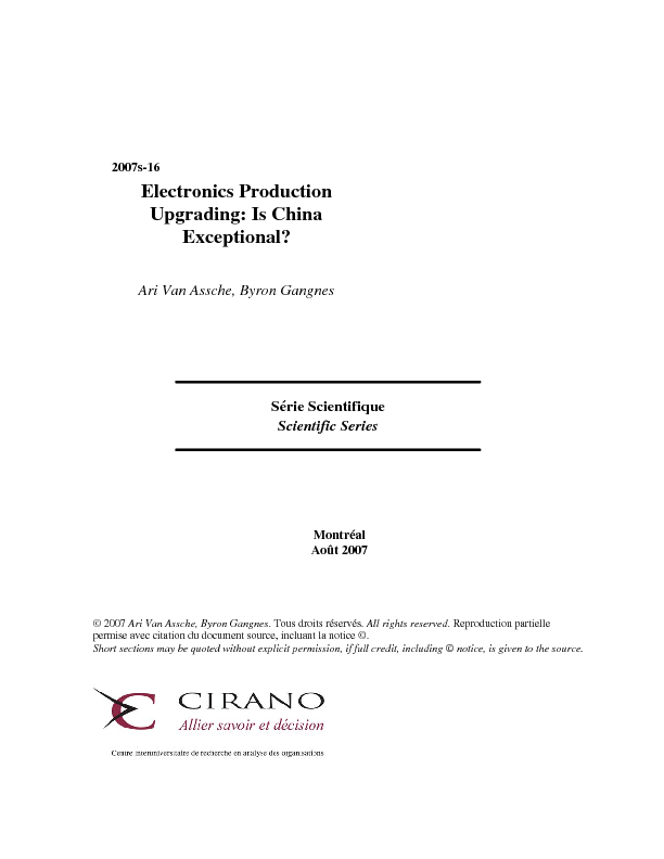 Electronics Production Upgrading: Is China Exceptional?