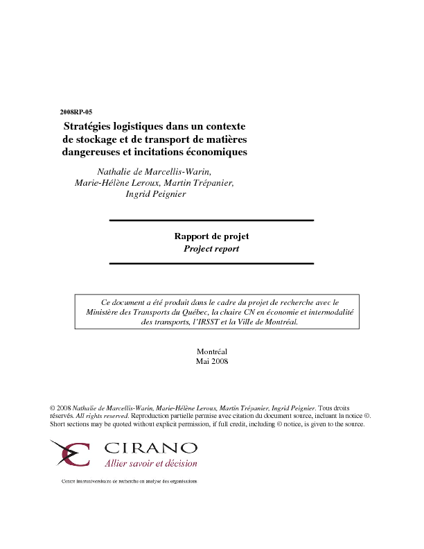 Stratégies logistiques dans un contexte de stockage et de transport de matières dangereuses et incitations économiques