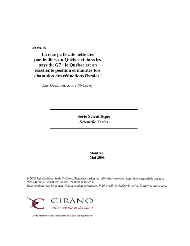 La charge fiscale nette des particuliers au Québec et dans les pays du G7 : le Québec est en excellente position et maintes fois champion des réductions fiscales!