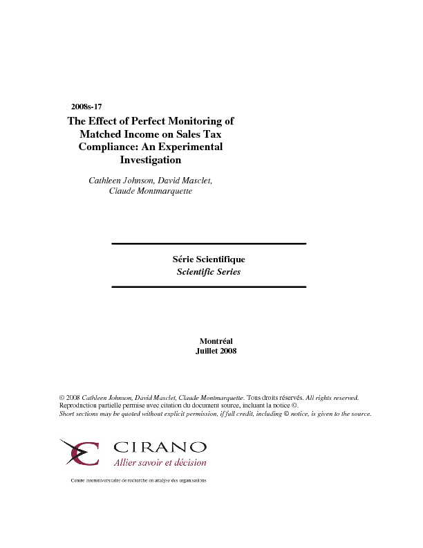 The Effect of Perfect Monitoring of Matched Income on Sales Tax Compliance: An Experimental Investigation