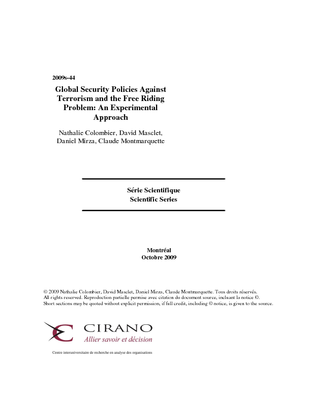 Global Security Policies Against Terrorism and the Free Riding Problem: An Experimental Approach