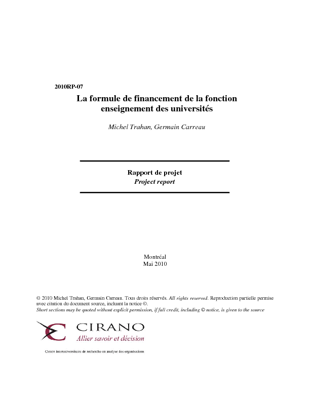 La formule de financement de la fonction enseignement des universités