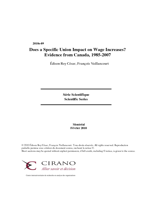 Does a Specific Union Impact on Wage Increases? Evidence from Canada, 1985-2007