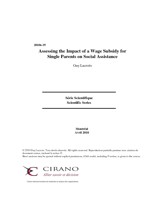 Assessing the Impact of a Wage Subsidy for Single Parents on Social Assistance
