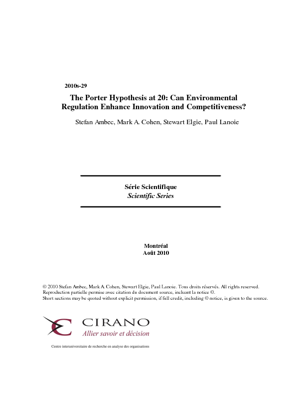 The Porter Hypothesis at 20: Can Environmental Regulation Enhance Innovation and Competitiveness?